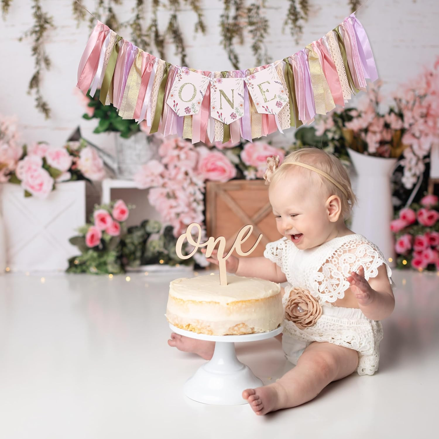 Floral Boho ONE High Chair Banner for Girls 1St Birthday – Pink Wild Flower Firs
