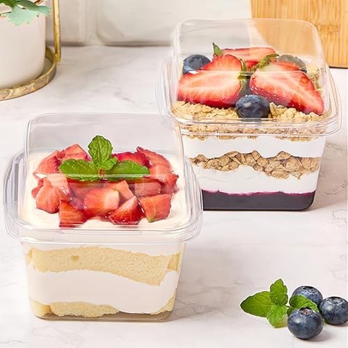 Dessert Cups 50 Count 8 oz Square Plastic Container with Lids Sporks Parfait