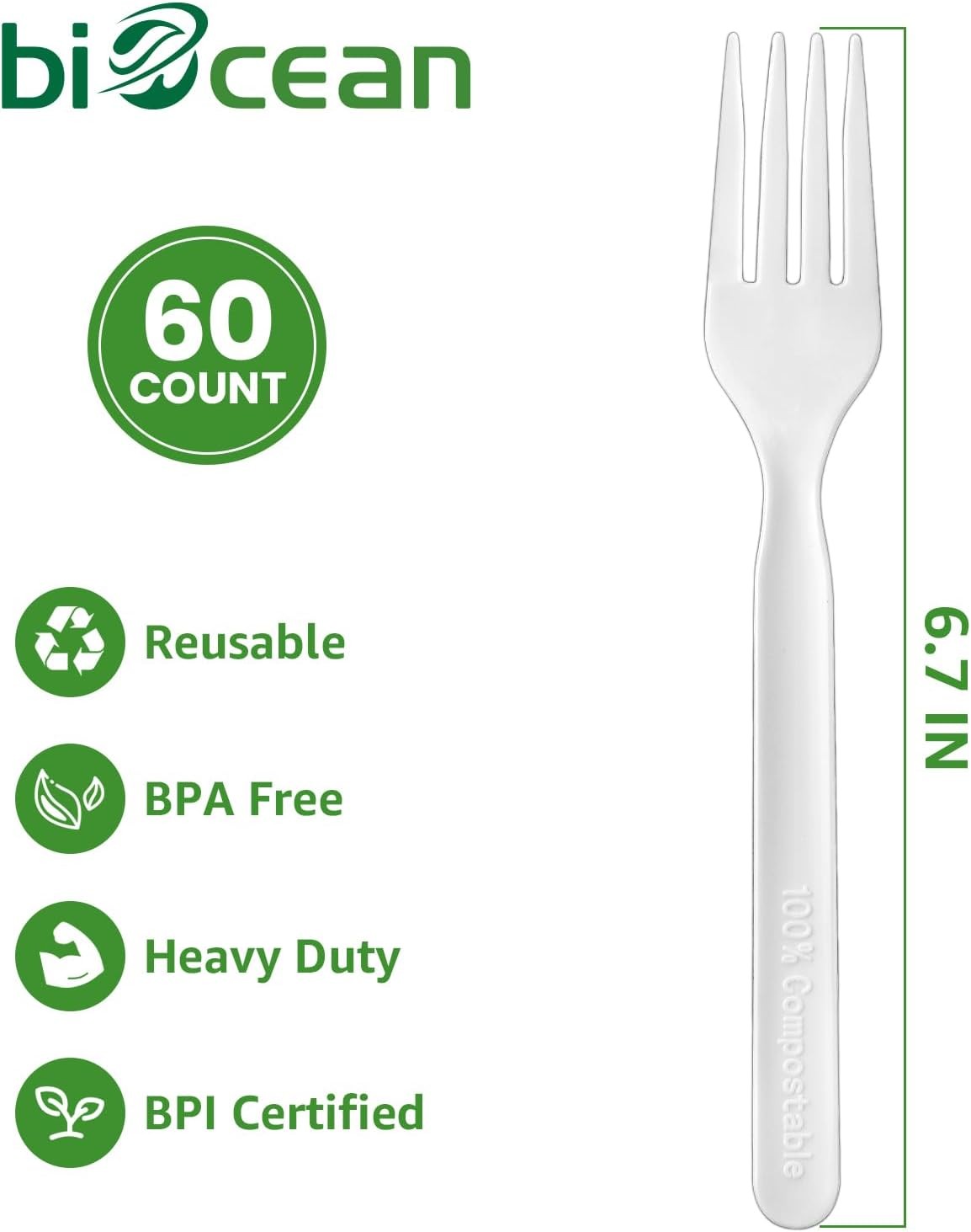 100% Compostable Forks 60 Count Disposable Forks Heavy Duty Utensils Set Fork