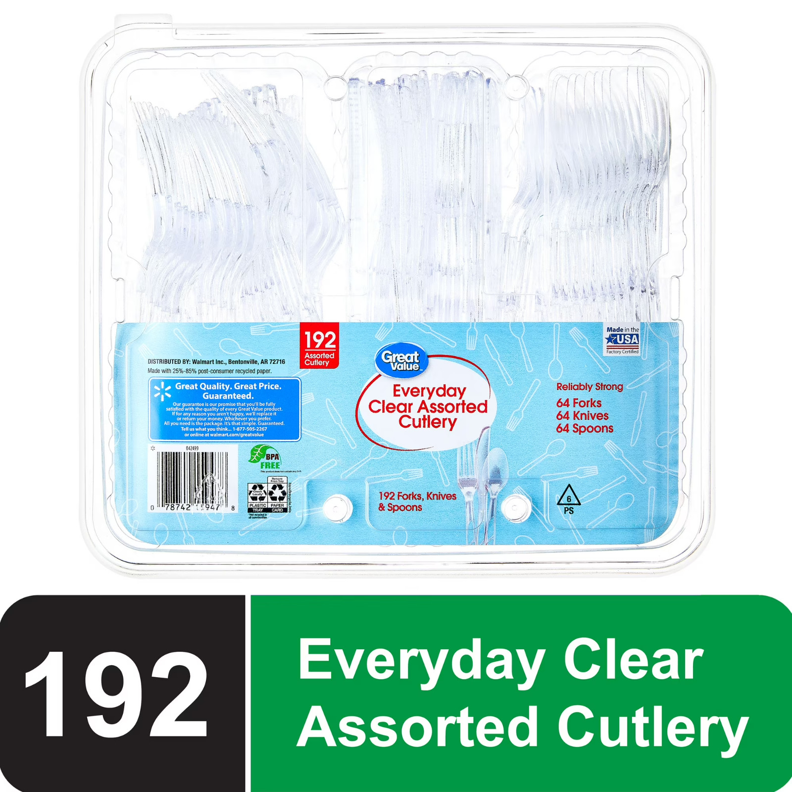 Great Value Clear Plastic Assorted Cutlery, 192 Count