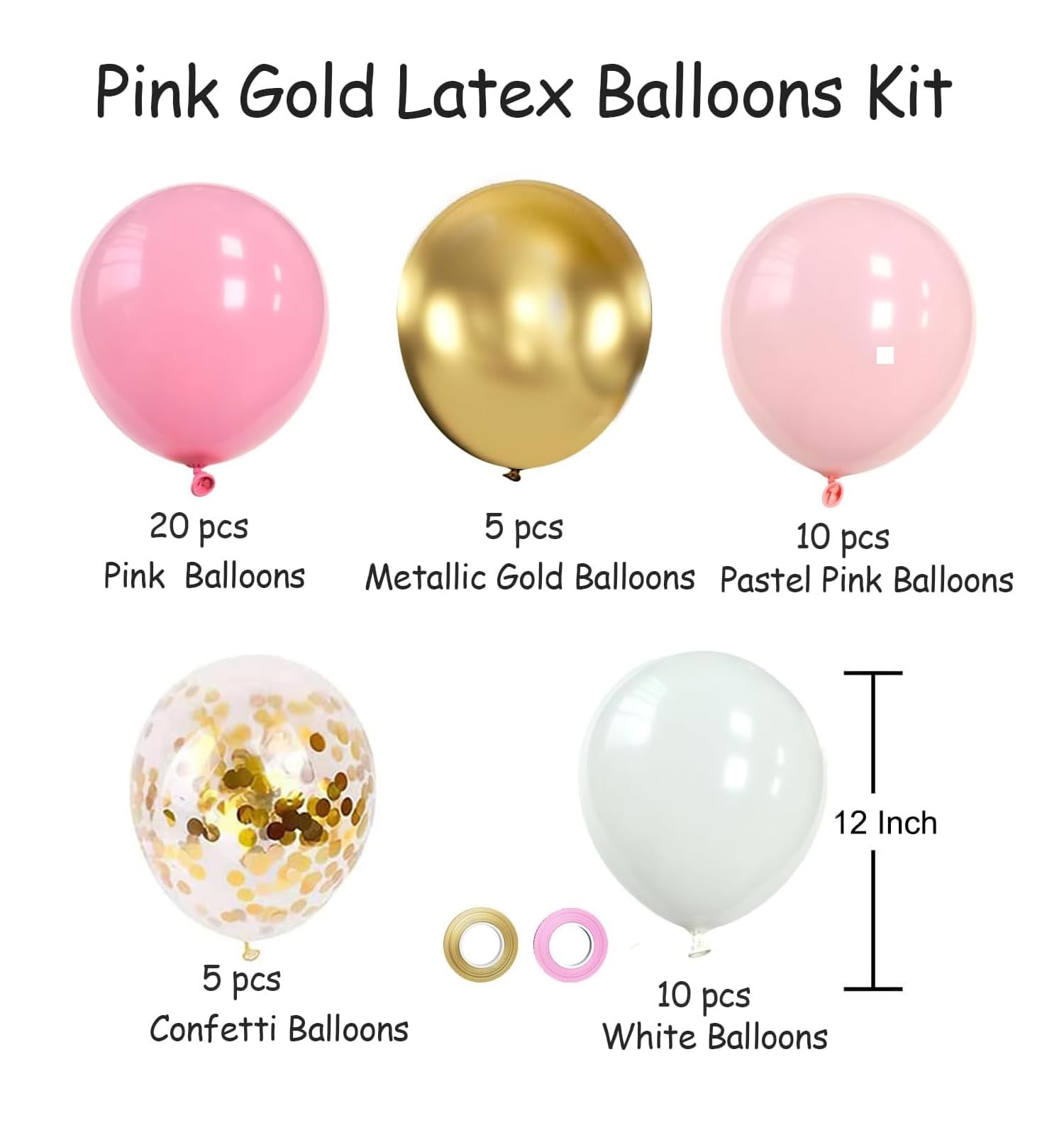 Pink and Gold Balloons Set, 50pcs 12 inch White Latex