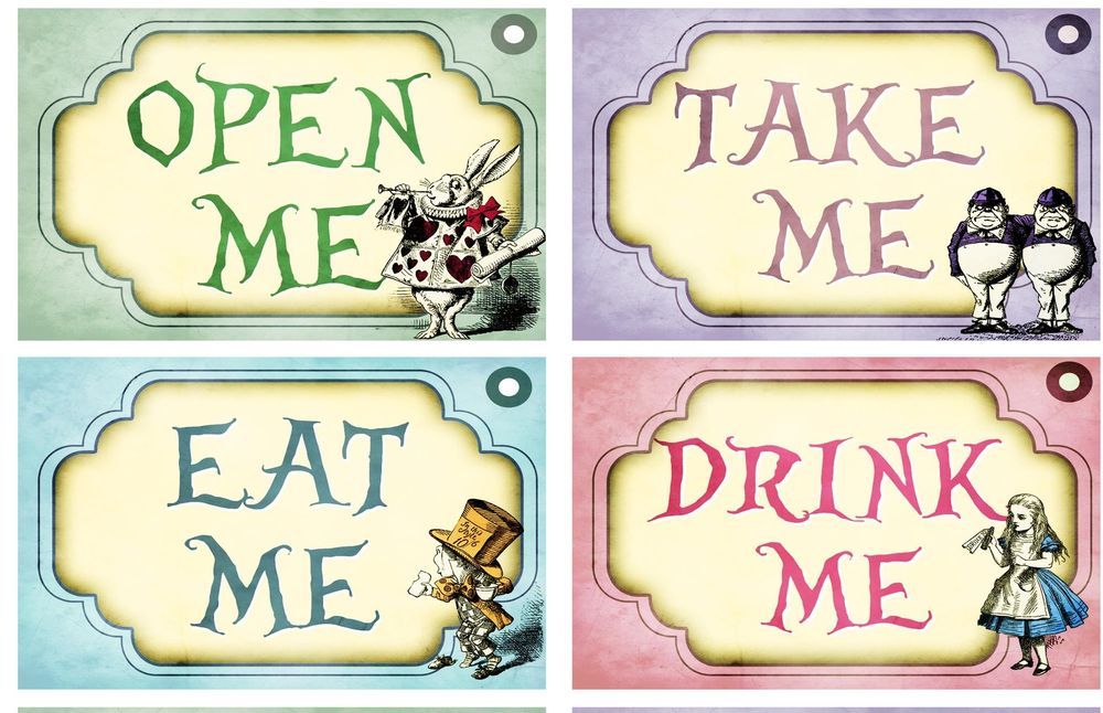 Alice in Wonderland 4 Bottle Labels Party Favor Mad Hatter Queen Of Hearts