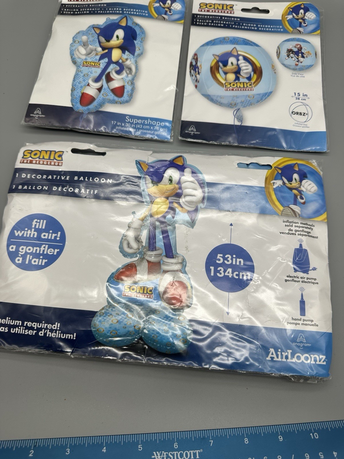 Sonic The Hedgehog Balloon Set Of 3-53in, 30in, 15in -new