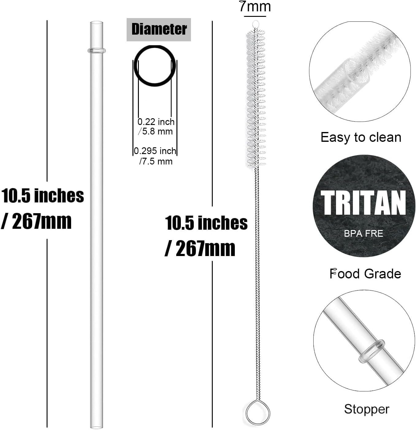 10.5 Inch Tritan Hard Plastic Clear Straws, Long Reusable Clear