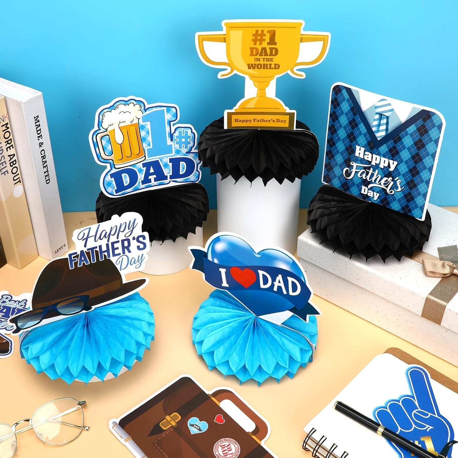 10 Pcs Father’S Day Decorations, Blue Double Sided Fathers Day Table Centerpiece
