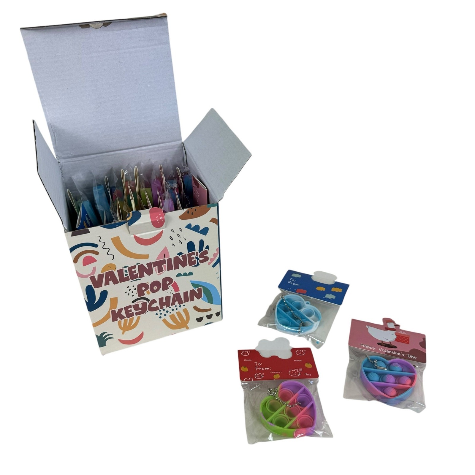 New In Box Valentines Multicolored Heart Pop Keychains Individually Wrapped 30