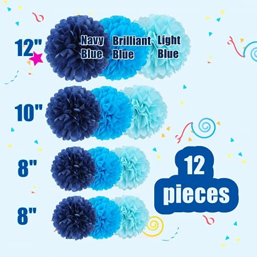 12 Pcs Tissue Pom Poms Kit, Tissue Paper Flowers for Birthday, Boy Blue Mix