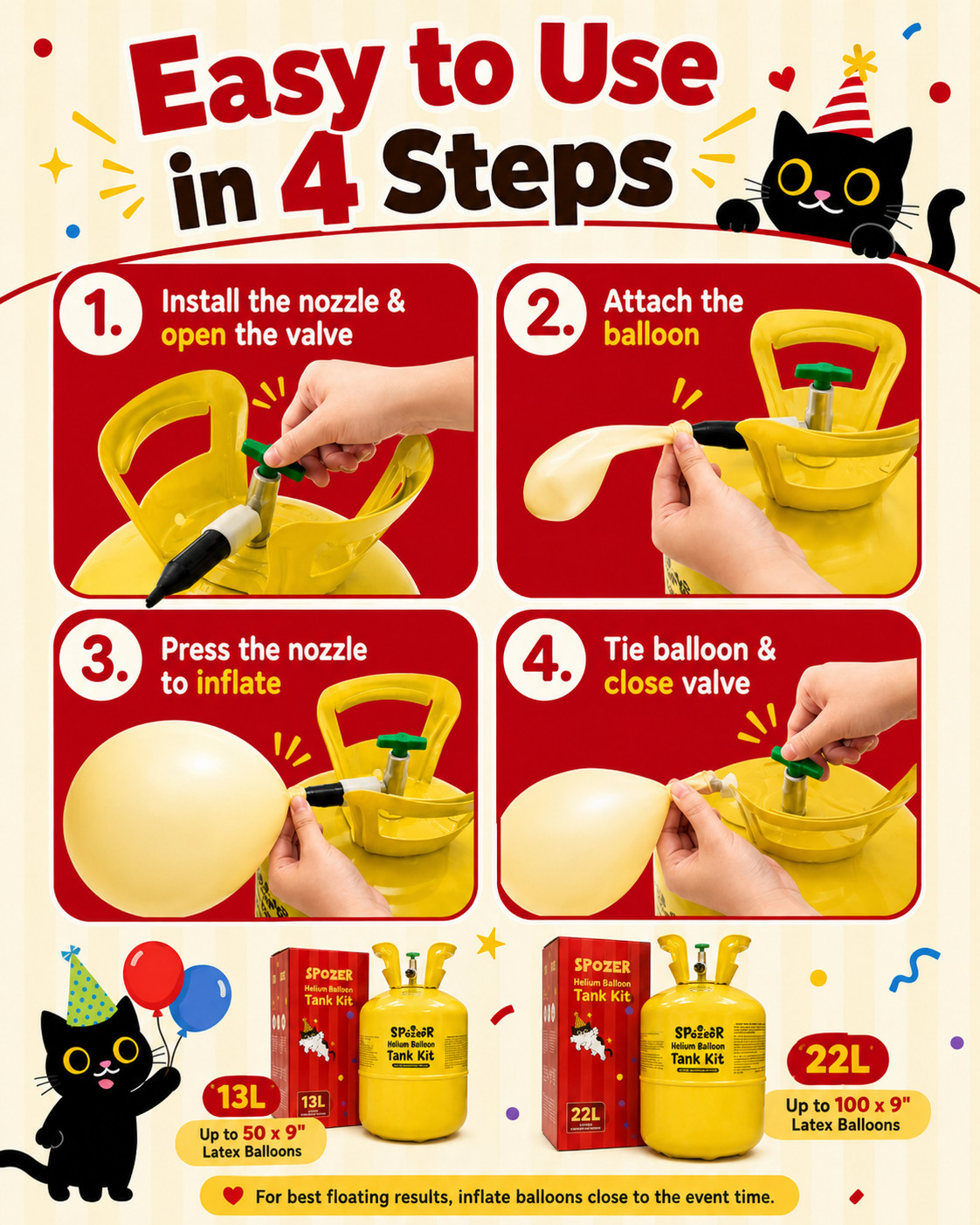 Spozer 7/ 13/ 22L Helium Tank Pump Kit, Free 30/ 50/ 100 Balloons Party Supplies