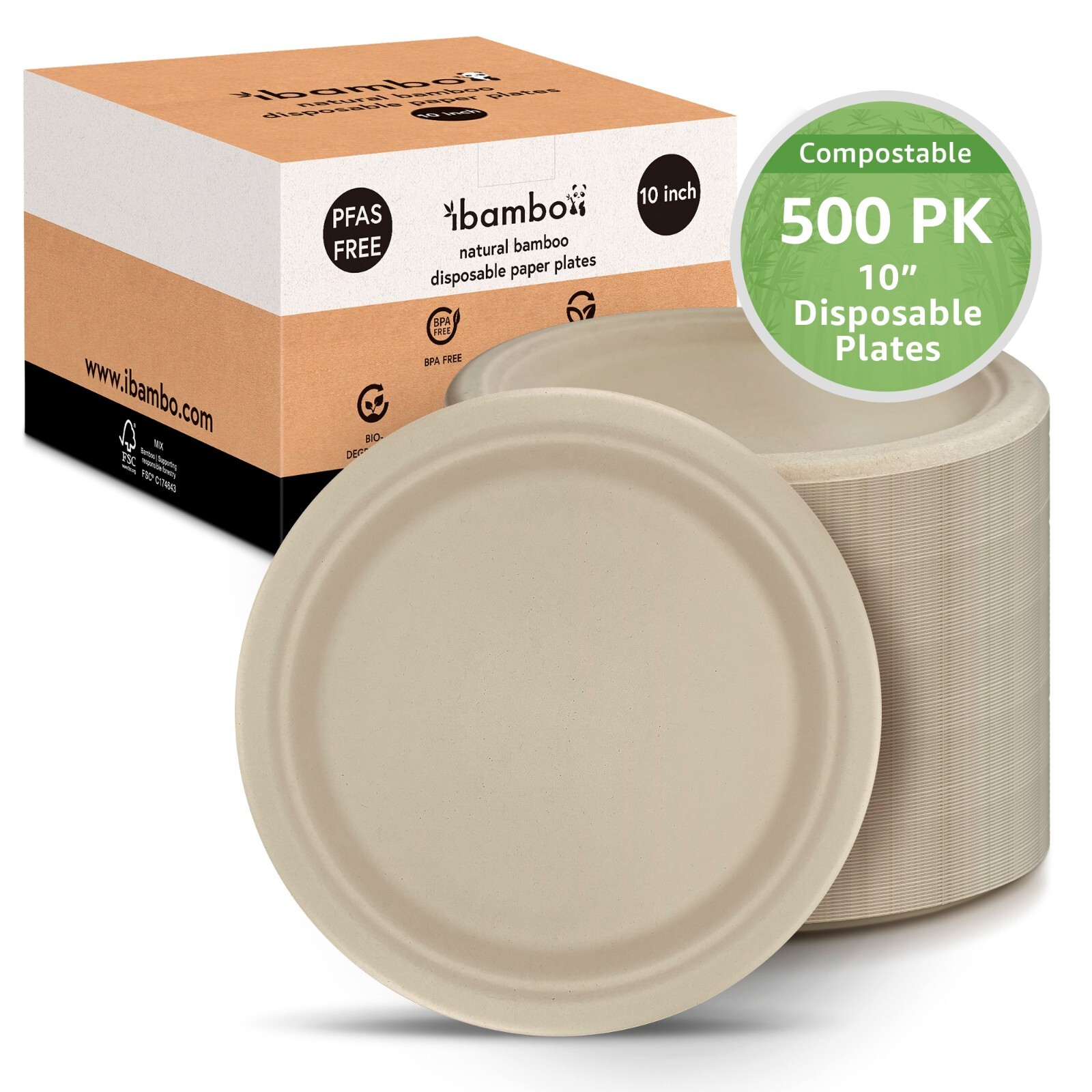 Ibambo Bamboo Disposable Paper Plates – 10 Inch, 500 Pack, Compostable Plates
