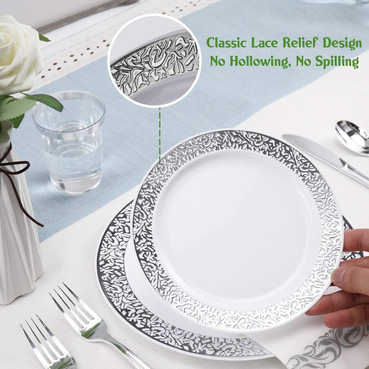 175 Silver Dinnerware Set For 25 Guests White Plastic Plates With Silver Lace Ri