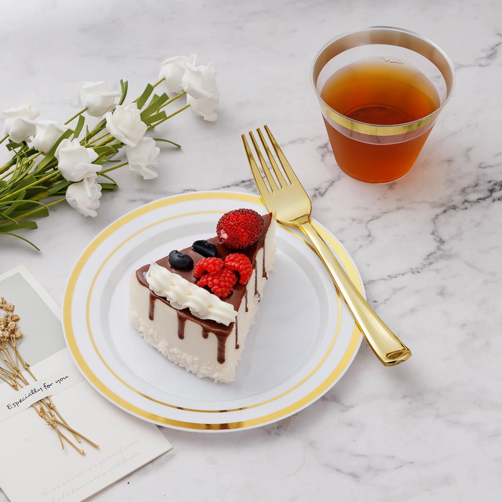 100PCS Gold Plastic Plate, 7 Inch Disposable Dessert Plate Party with Gold Ri…
