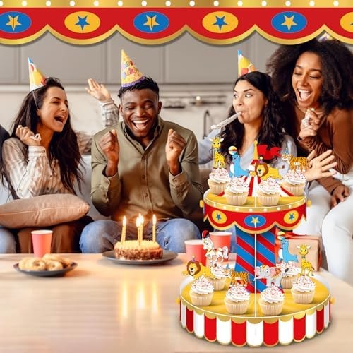 Carnival Circus Cupcake Stand Party Decorations with 24 Cupcake Toppers Circus T