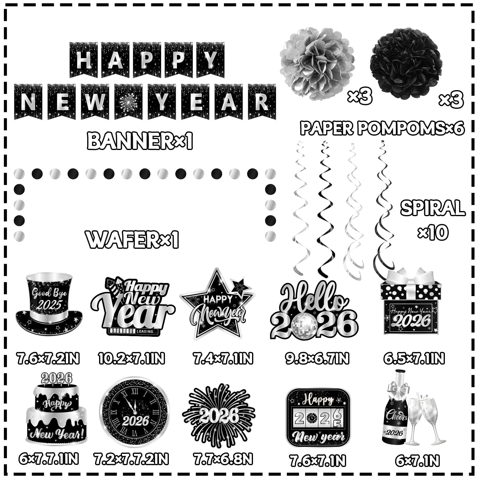 Happy New Year 2026 Silver and Black, NYE 0.5 inches x inches,