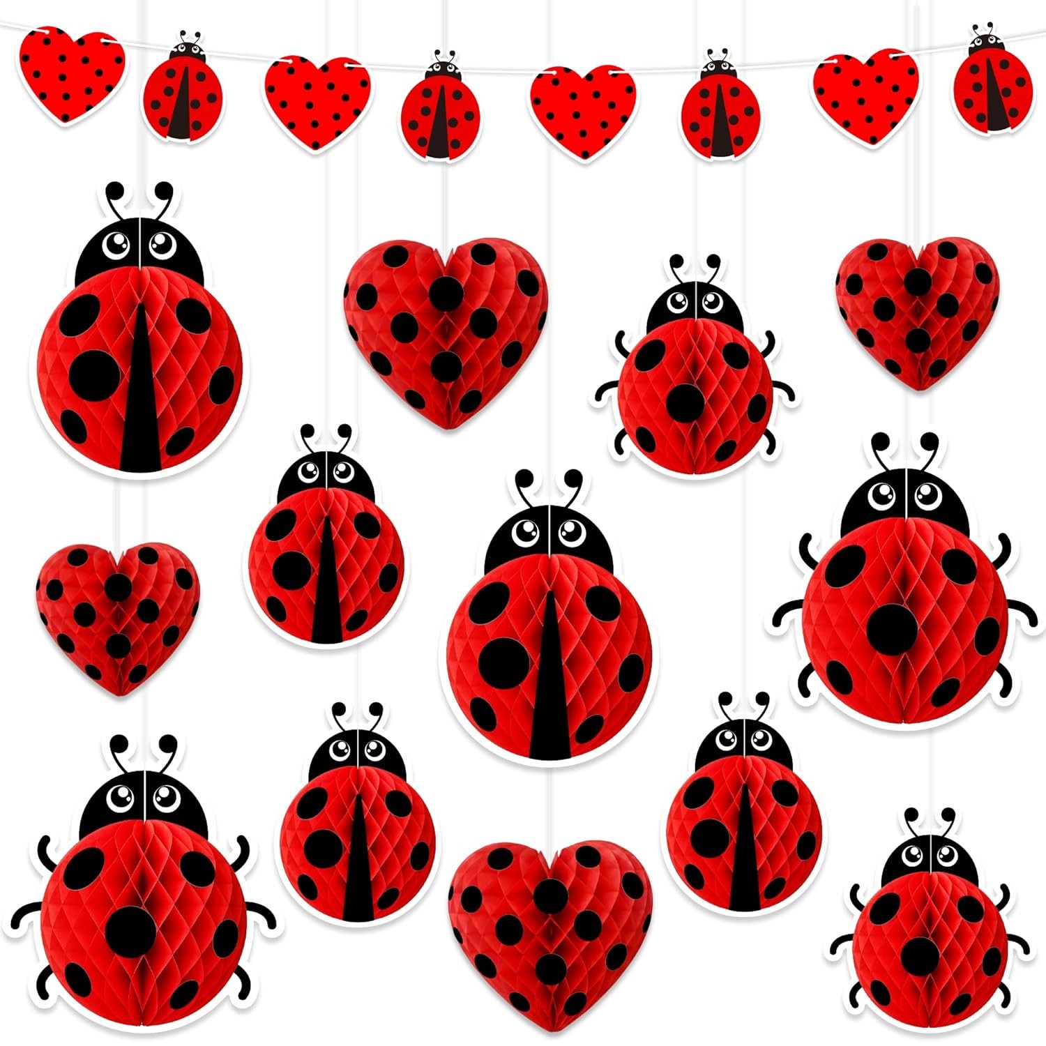 Ladybug Party Decorations 14PCS Heart Shaped Lady Bug Honeycomb Banner Set