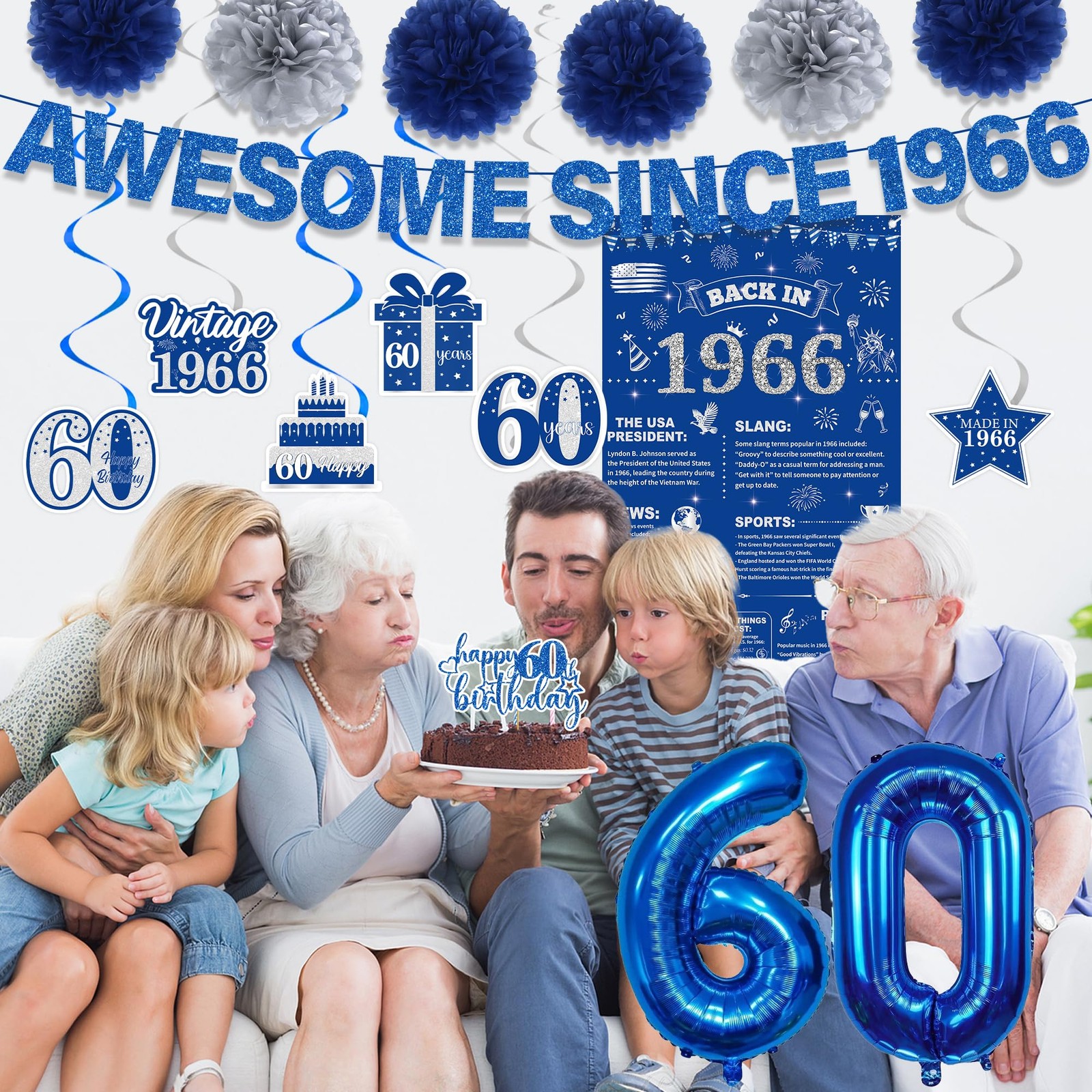 60th Birthday Decorations Men Banner – 17 Pcs Blue Glitter Back In 1966 Birth…