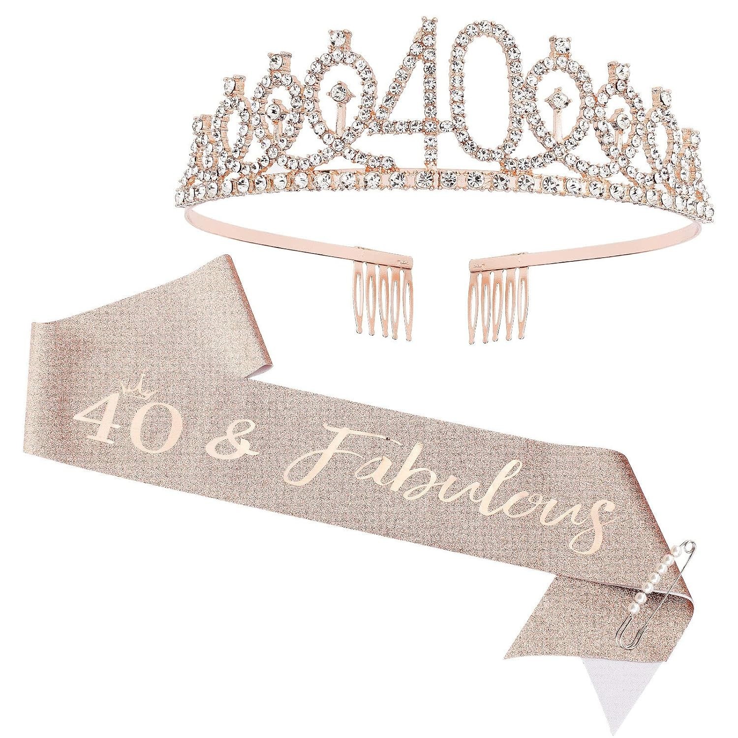 Glamorous 40th Birthday Crown and Sash Set with Rhinestone Tiara & Pearl Pins