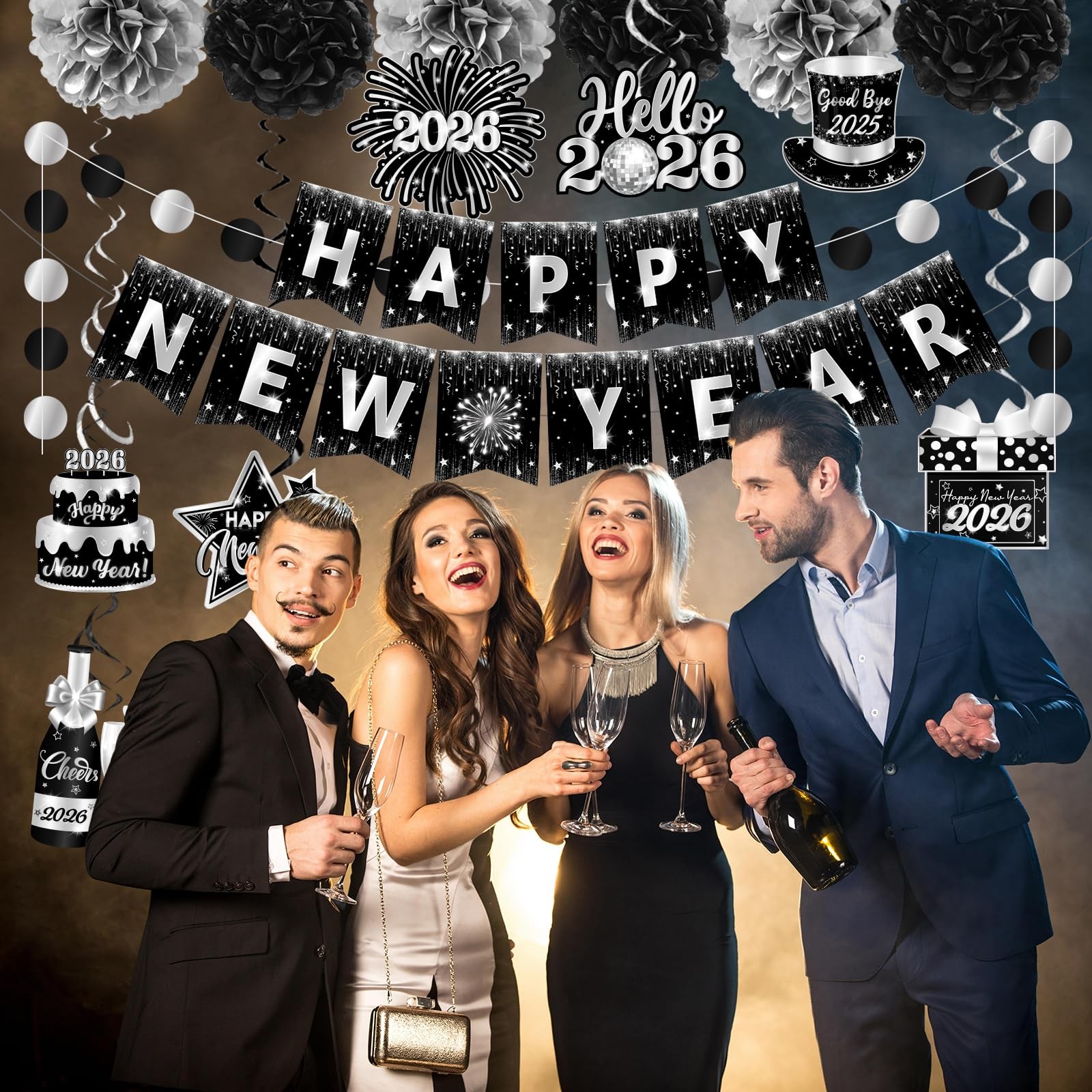 Happy New Year 2026 Silver and Black, NYE 0.5 inches x inches,