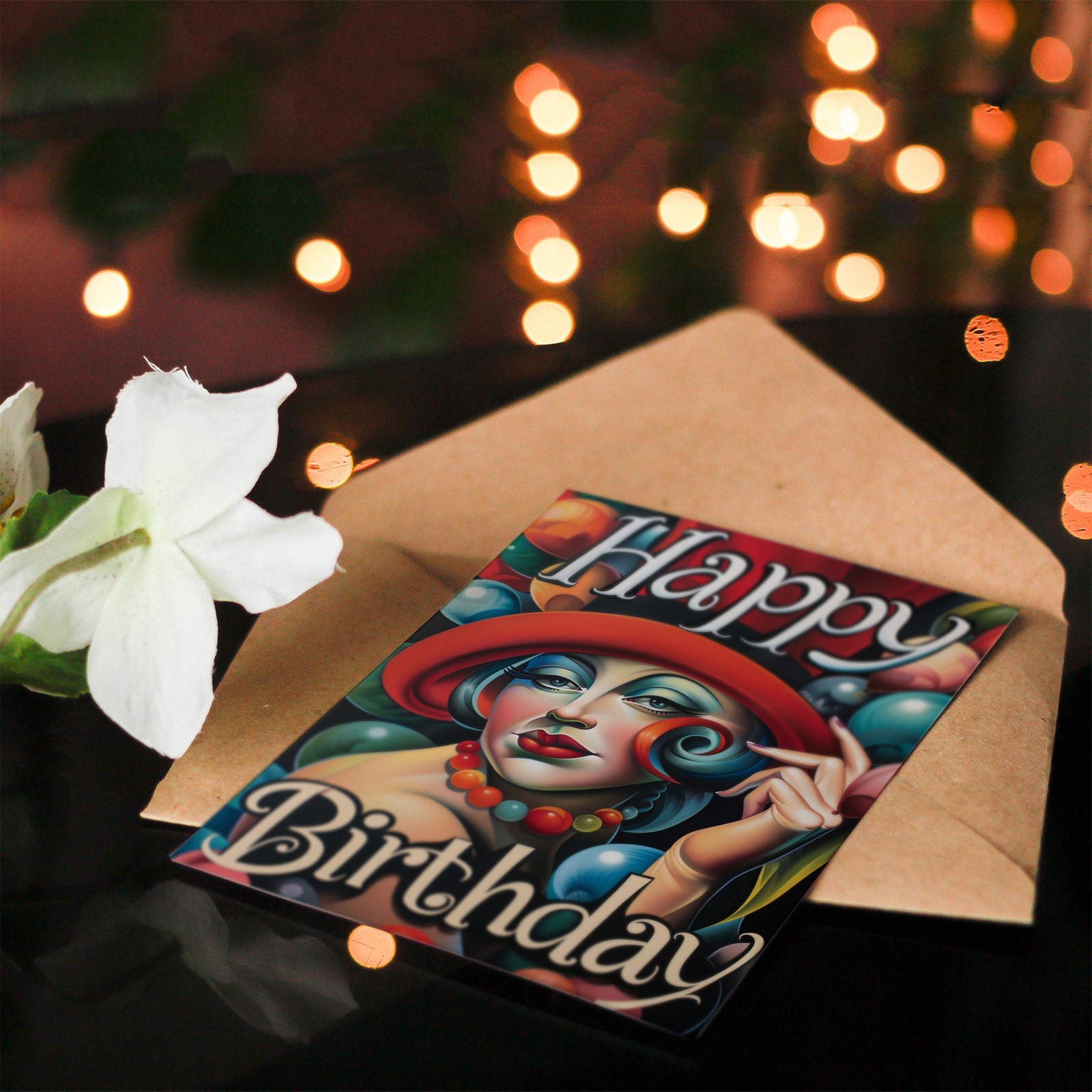 Birthday Card Art Deco Woman Top Hat and Balloons For Her Woman Greeting Card