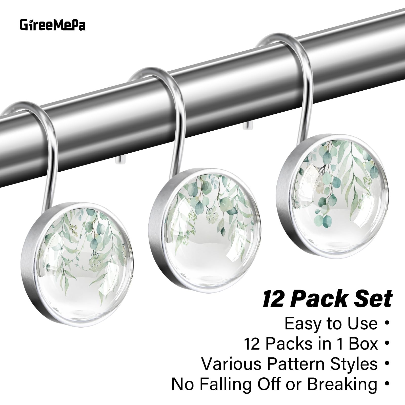12 Pcs Sage Green Eucalyptus Shower Curtain Hooks – Rustproof Stainless Steel Ri