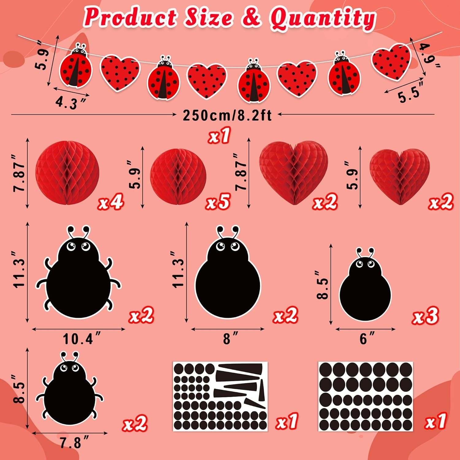 Ladybug Party Decorations 14PCS Heart Shaped Lady Bug Honeycomb Banner Set