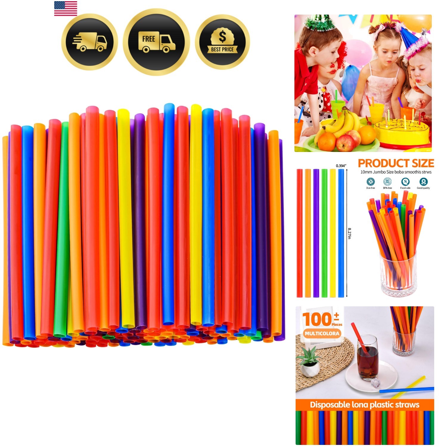 100PCS Jumbo Smoothie Straws – Colorful Disposable 0.4″ x 8.3″ for Any Occasion