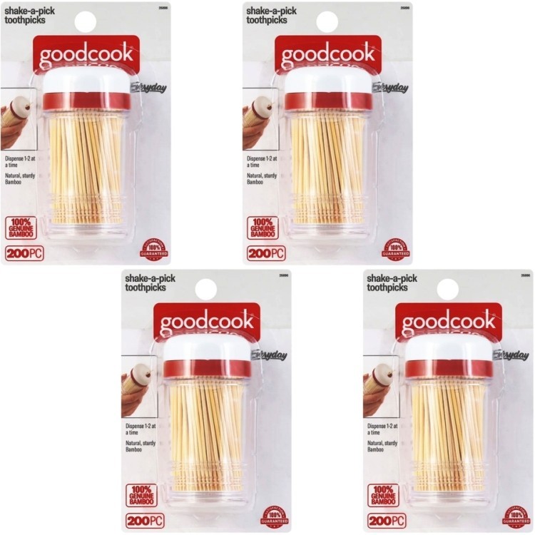 Lot of 4: GoodCook Shake-a-Pick Toothpicks w/Dispenser (200 Pack) Natural Bamboo