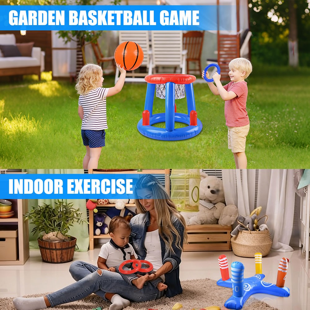 Inflatable Pool Games Toys Swimming Pool Basketball Hoop Cross Ring Toss Set