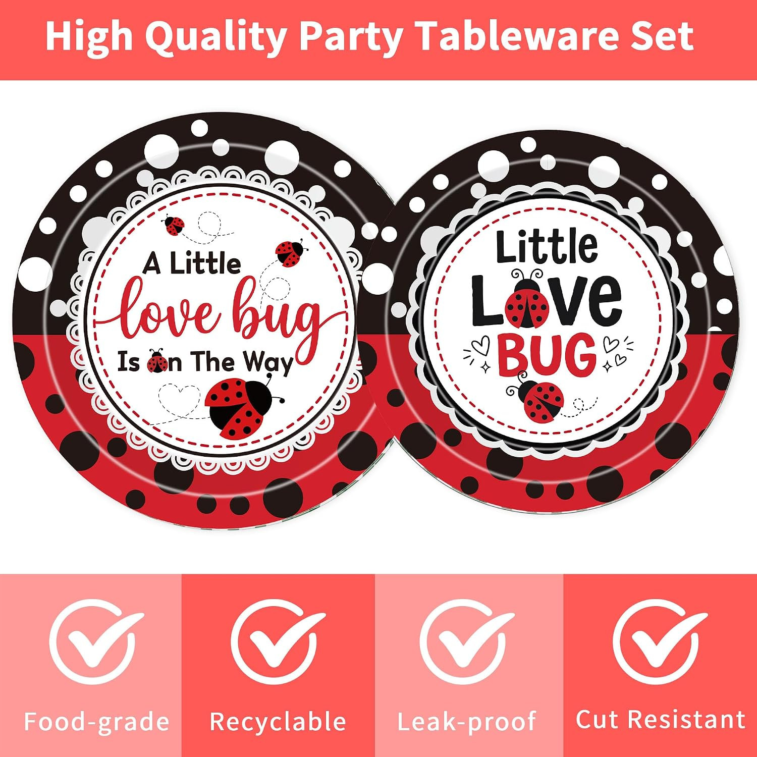 96 Pcs Love Bug Baby Shower Decorations, Lady Bug Tableware Set | Includes Paper