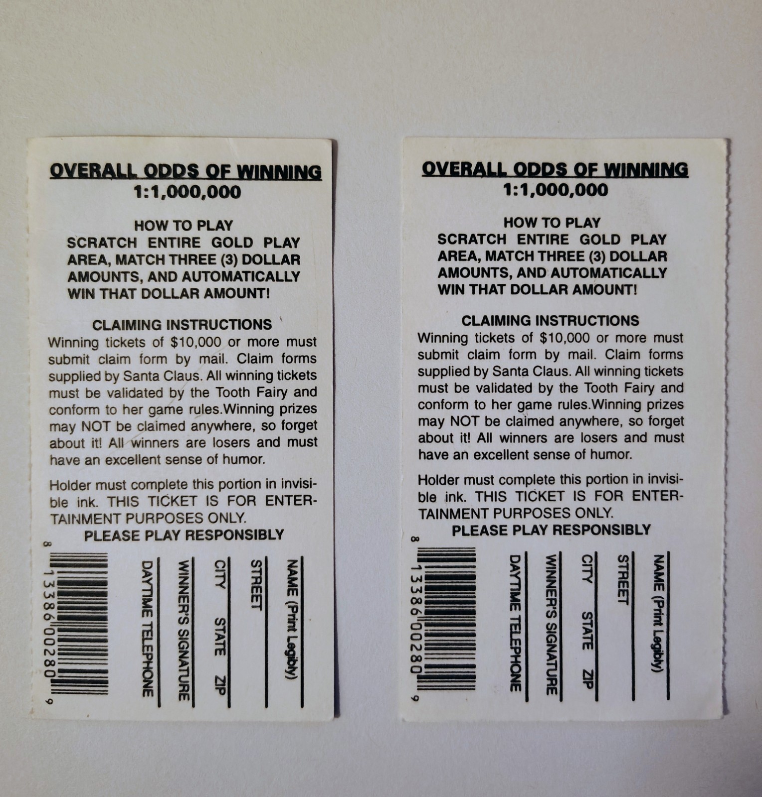 2 PHONY FAKE SCRATCH OFF ALL WINNING LOTTERY TICKETS GAG GIFT JOKE PRANK WINNER