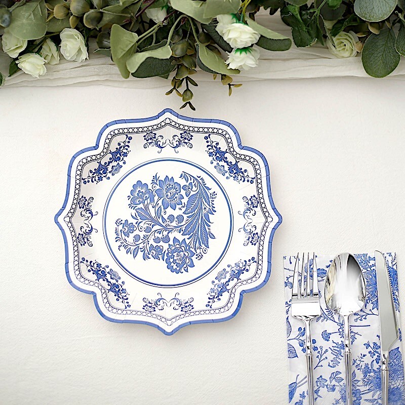 25 White Blue 8 in Floral Disposable Dessert Paper PLATES Scallop Trim Party