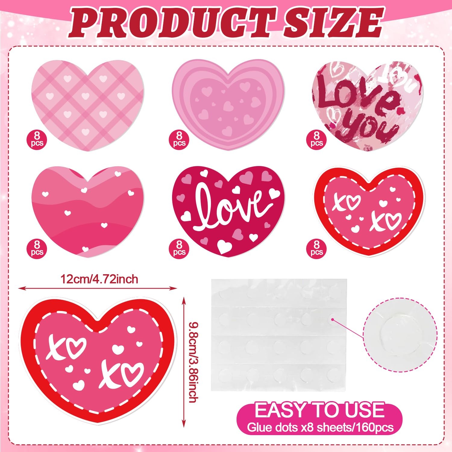 48 PCS 4.7 Inch Valentines Day Pink Heart Paper Cutouts With 160 Glue Points