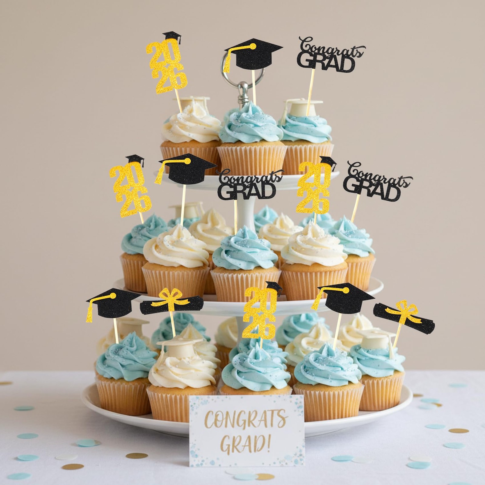 2026 Graduation Cupcake Toppers 24 PCS Glitter Gold Congrats Grad Cap Picks