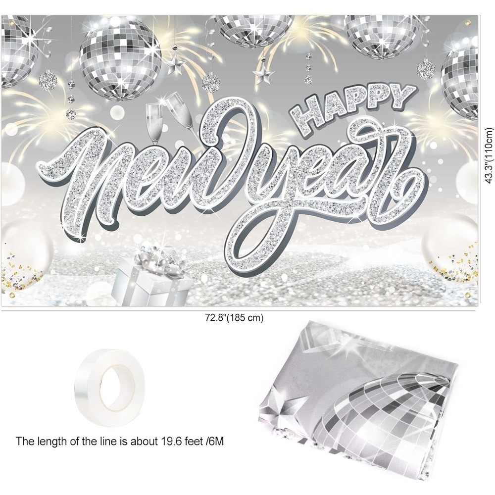 New Years Eve Decorations Silver Happy New Year Banner Extra Large New Years