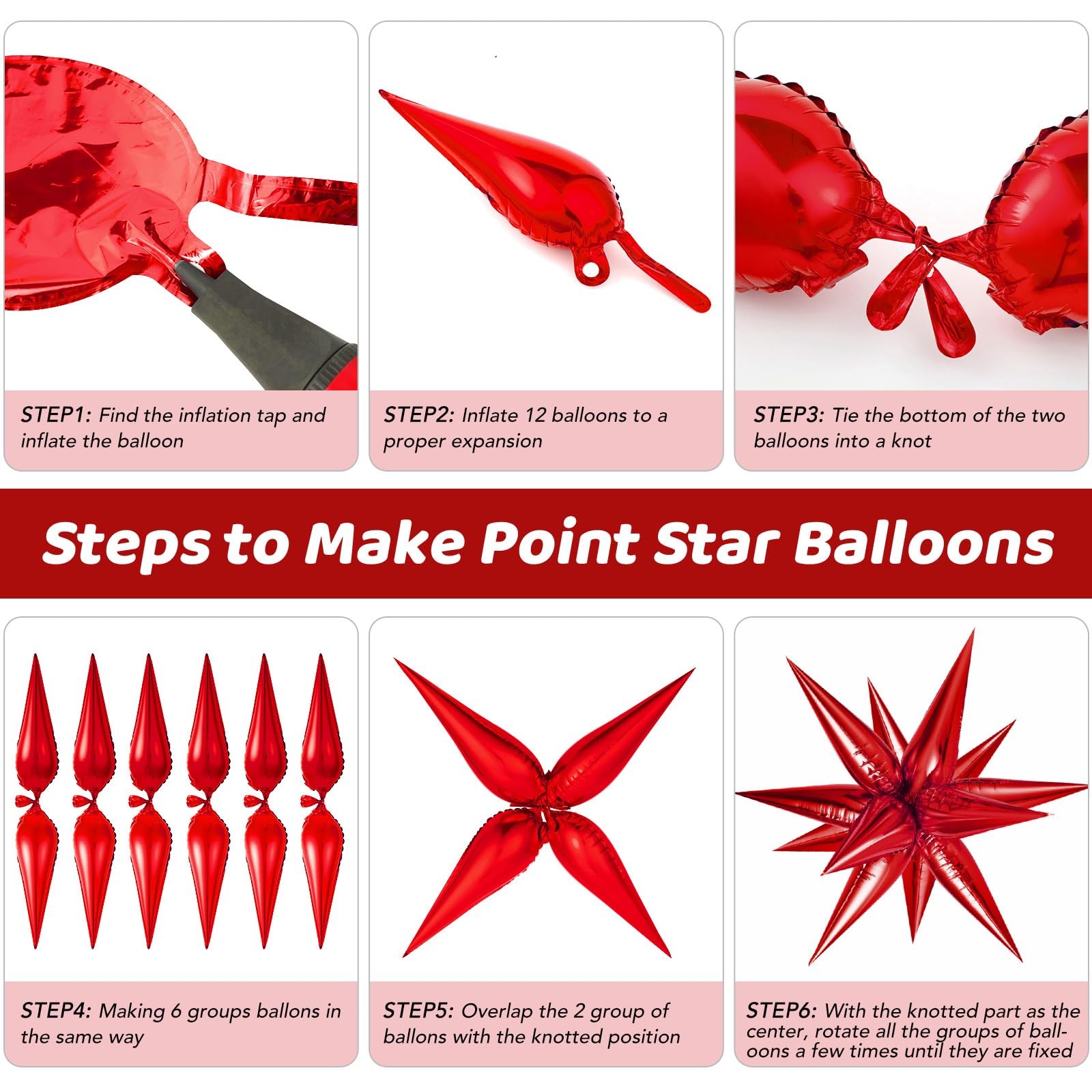 Red Star Foil Balloons, 36 PCS Explosion Cone Balloons, 12 Point 26 Inch Larg
