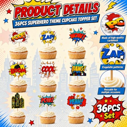 Hero Cupcake Toppers 36 PCS Hero Decorations Smash Crash Pow Picks for Hero