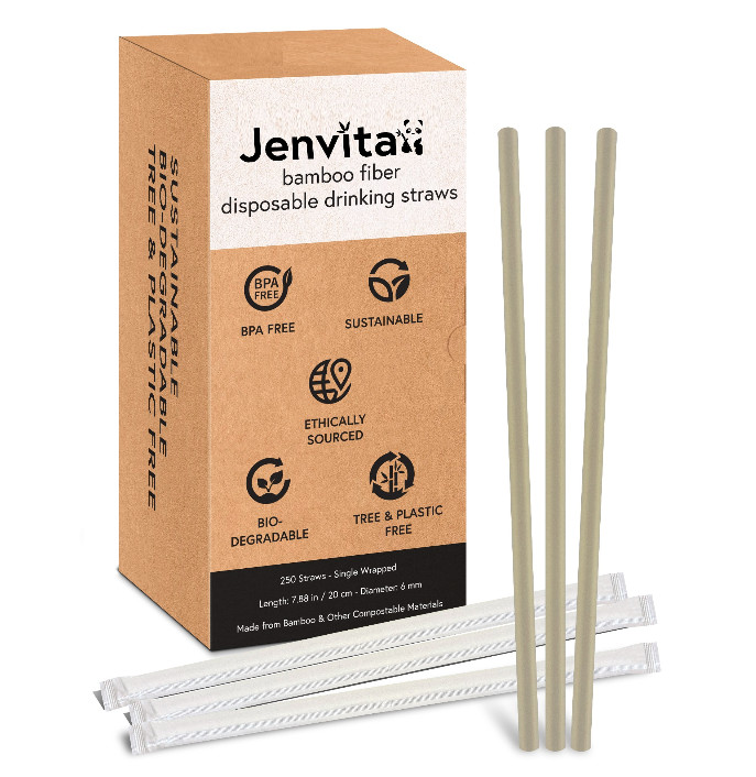 Jenvita Bamboo Disposable Straws – 250 Pack, Single Wrapped Compostable Straws