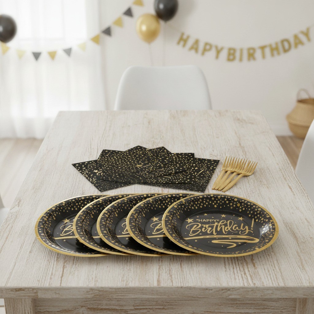Birthday Party Plates Napkins Forks Set, 72 Pc, Black Gold Dot, Disposable