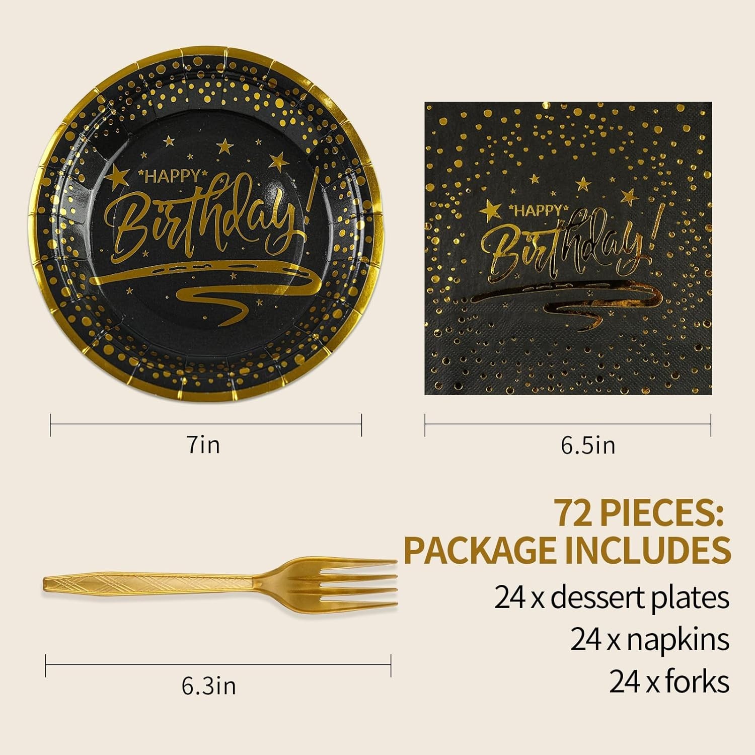 Birthday Party Plates Napkins Forks Set, 72 Pc, Black Gold Dot, Disposable