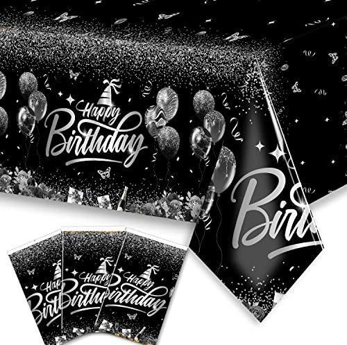 Happy Birthday Decorations-3pcs Birthday Tablecloth,Rectangle Sliver and Black