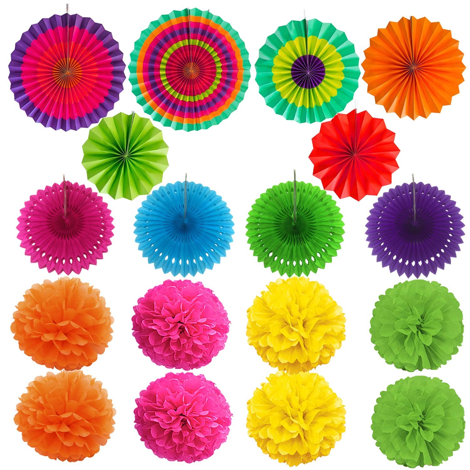 ZERODECO Party Decoration, 21 Pcs Multi-color Hanging Paper Fans, Pom Poms