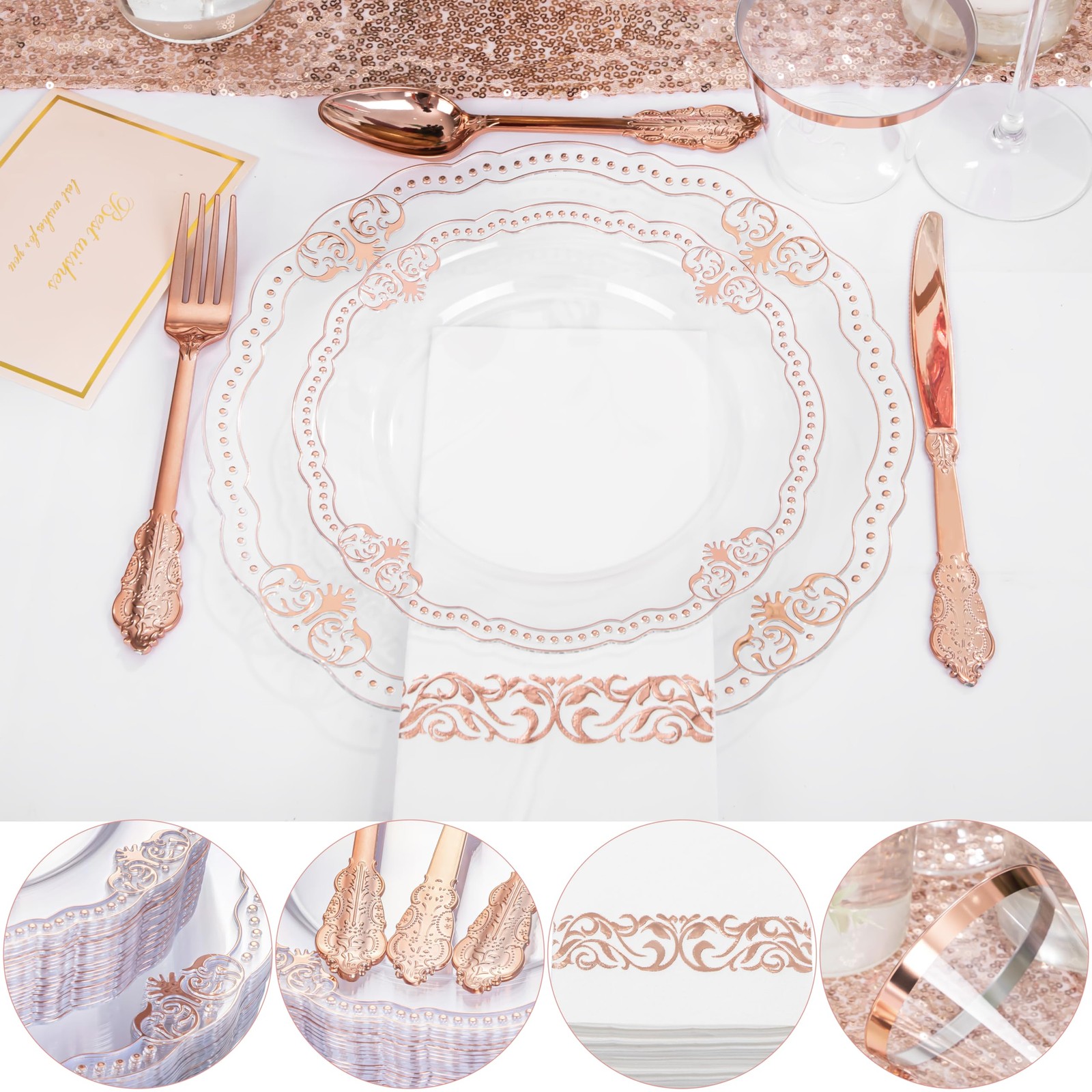 175 PCS Rose and Gold Plastic Plates – Fancy Rose Gold Disposable Dinnerware …