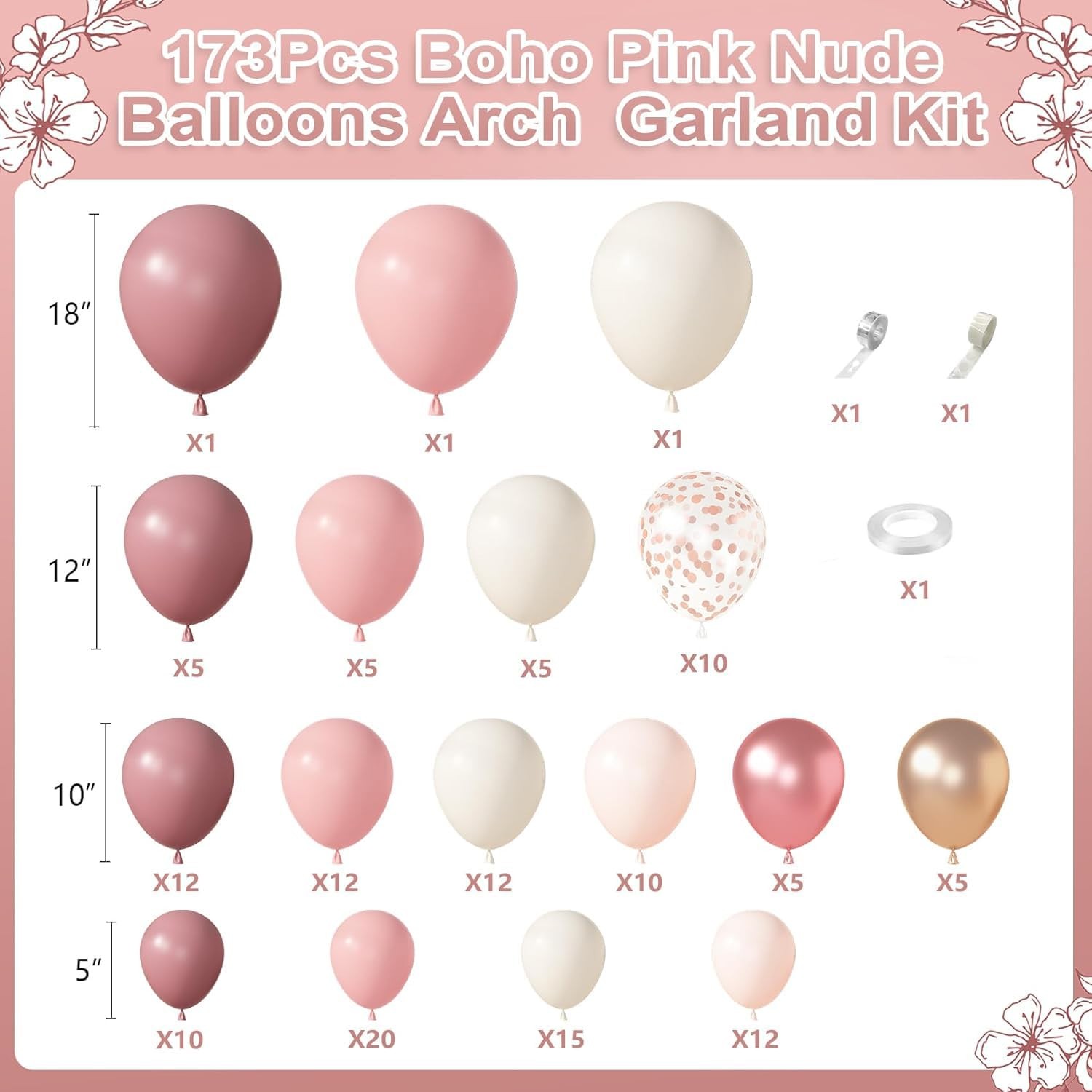 173Pcs Dusty Rose Pink Nude Balloon Garland Arch Kit, 18In Retro Blush Peach …