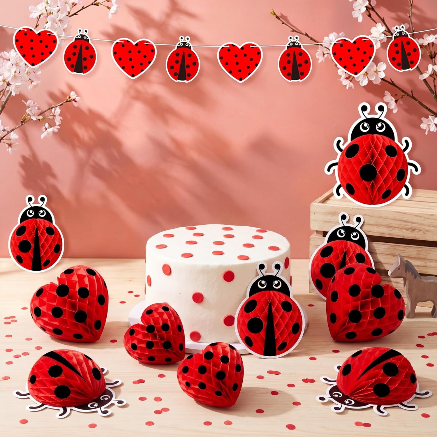 Ladybug Party Decorations 14PCS Heart Shaped Lady Bug Honeycomb Banner Set