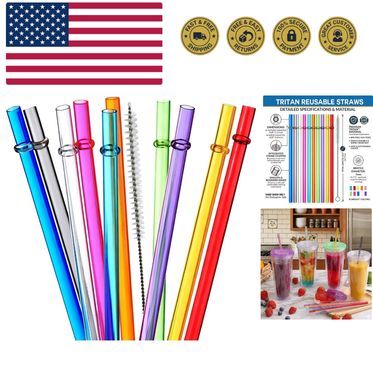 10.5 in Long Reusable Plastic Straws with Brush, Tritan Hard Plastic Tumbler …