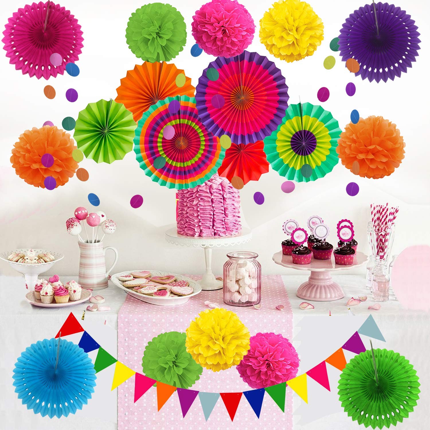 ZERODECO Party Decoration, 21 Pcs Multi-color Hanging Paper Fans, Pom Poms