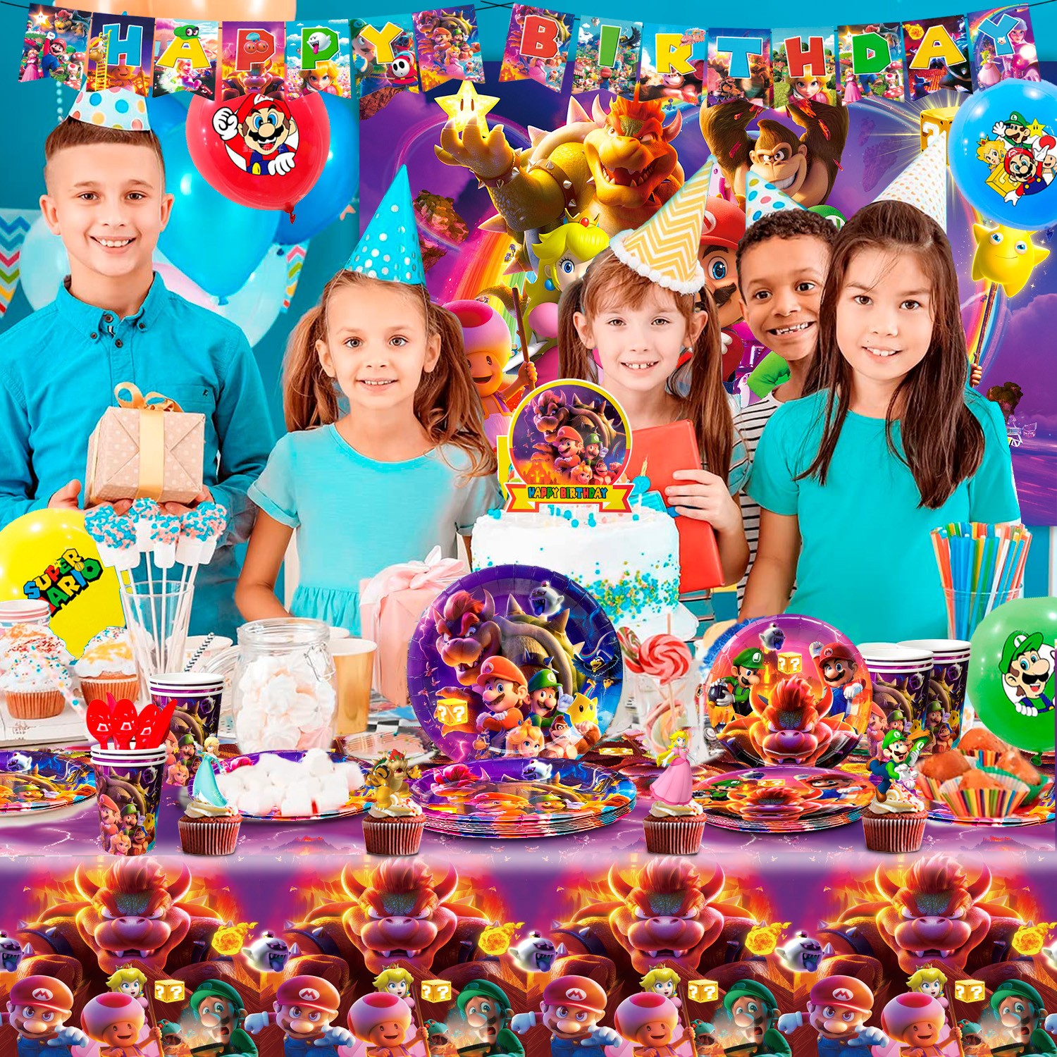 Super Mario Party Decoration Game Birthday Supplies Set Balloon Plates Backdrop