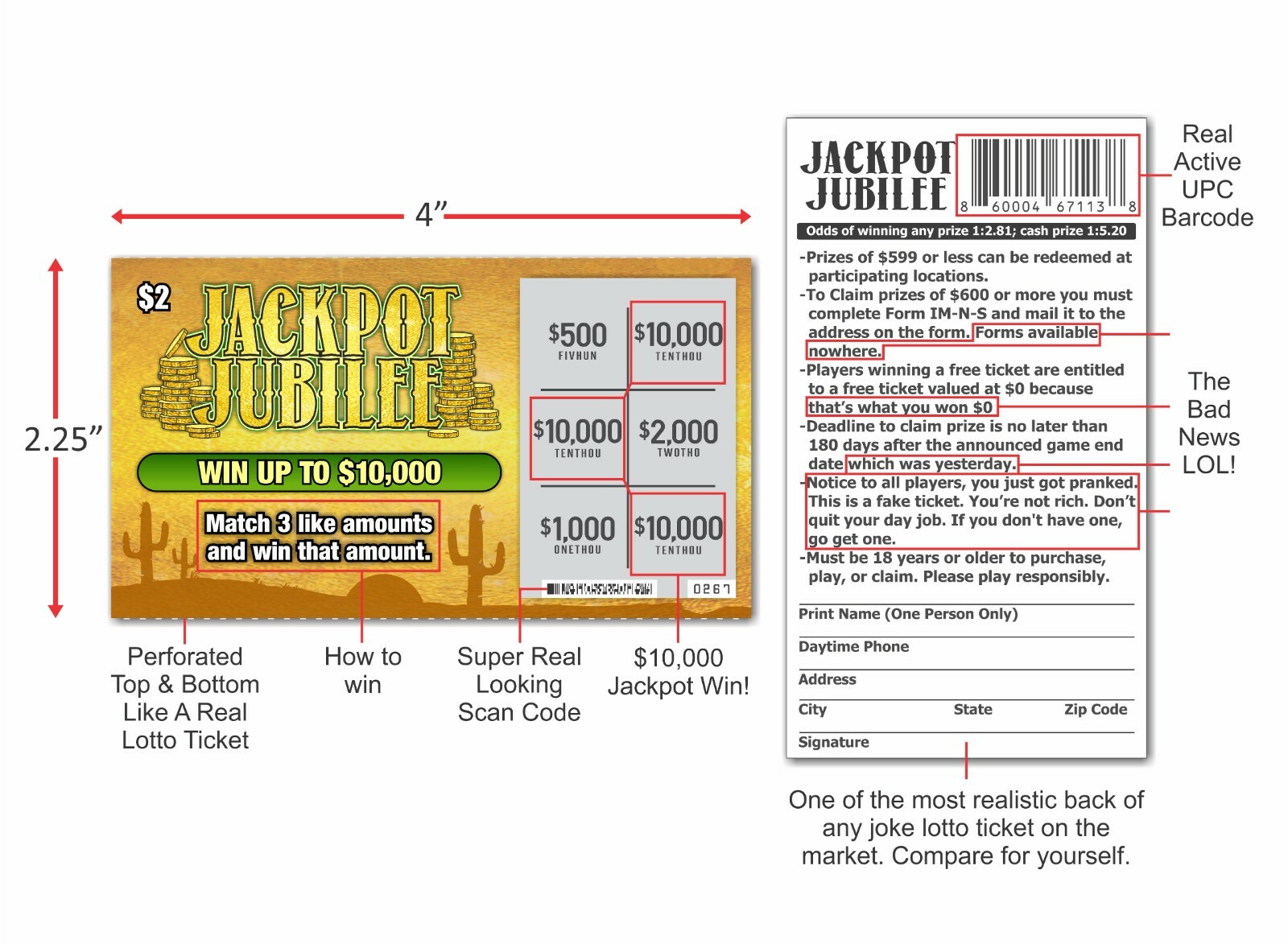 10 Prank Gag Fake Joke Lottery Lotto Ticket Scratch Off Card 10,000 Winner