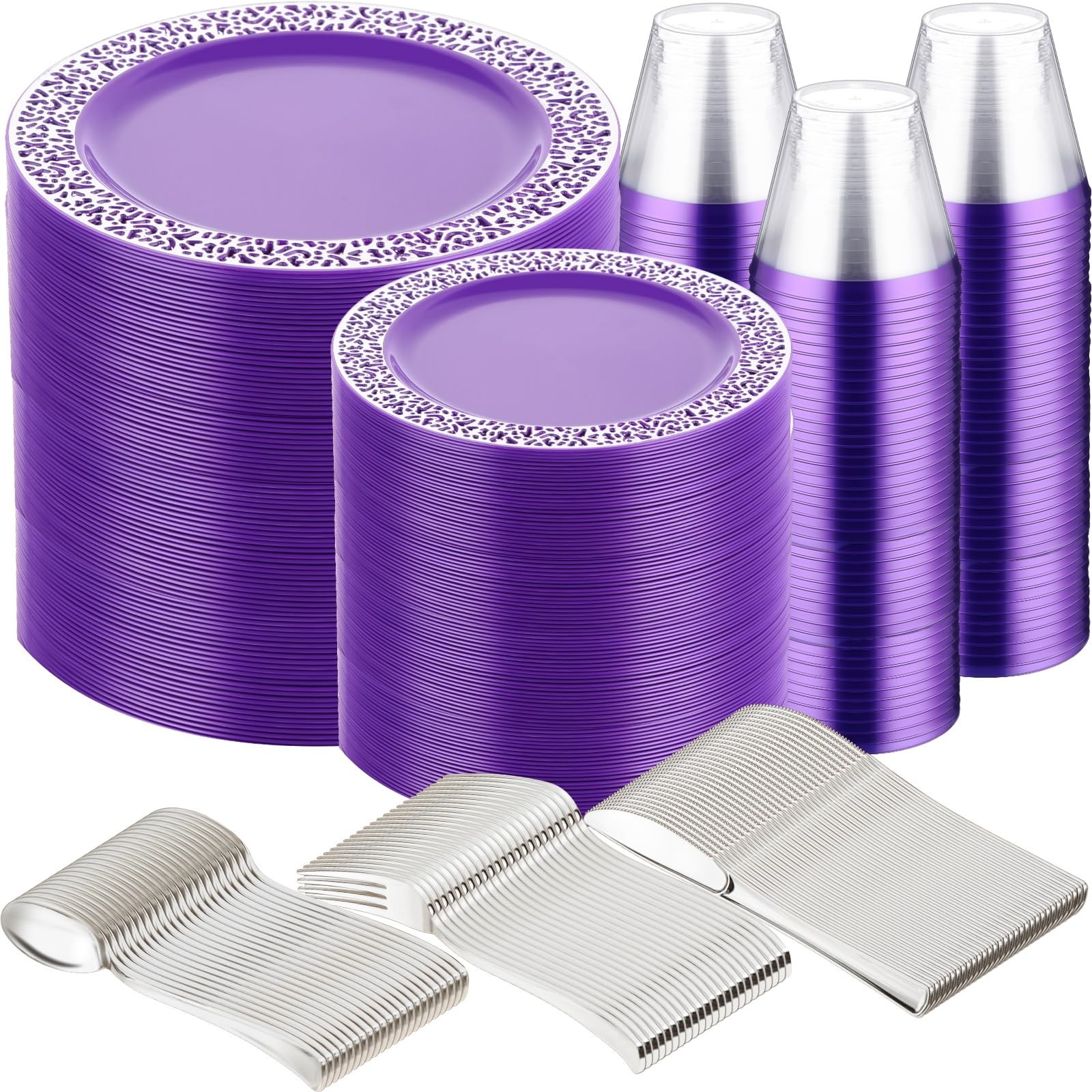 Suclain Purple 600 Pcs Plastic Plate Dinnerware Set for 100 Guests Including …