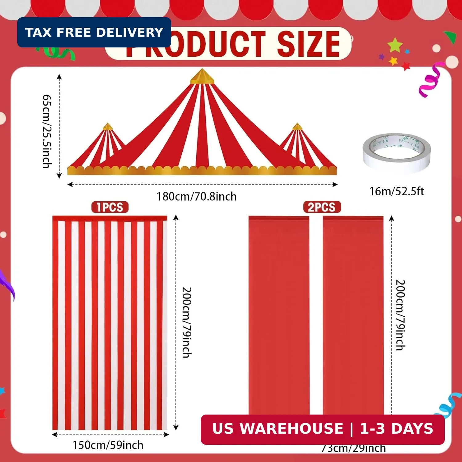 Tingjoo 4 Pcs Carnival Circus Party Decorations Backdrops Red and White Striped