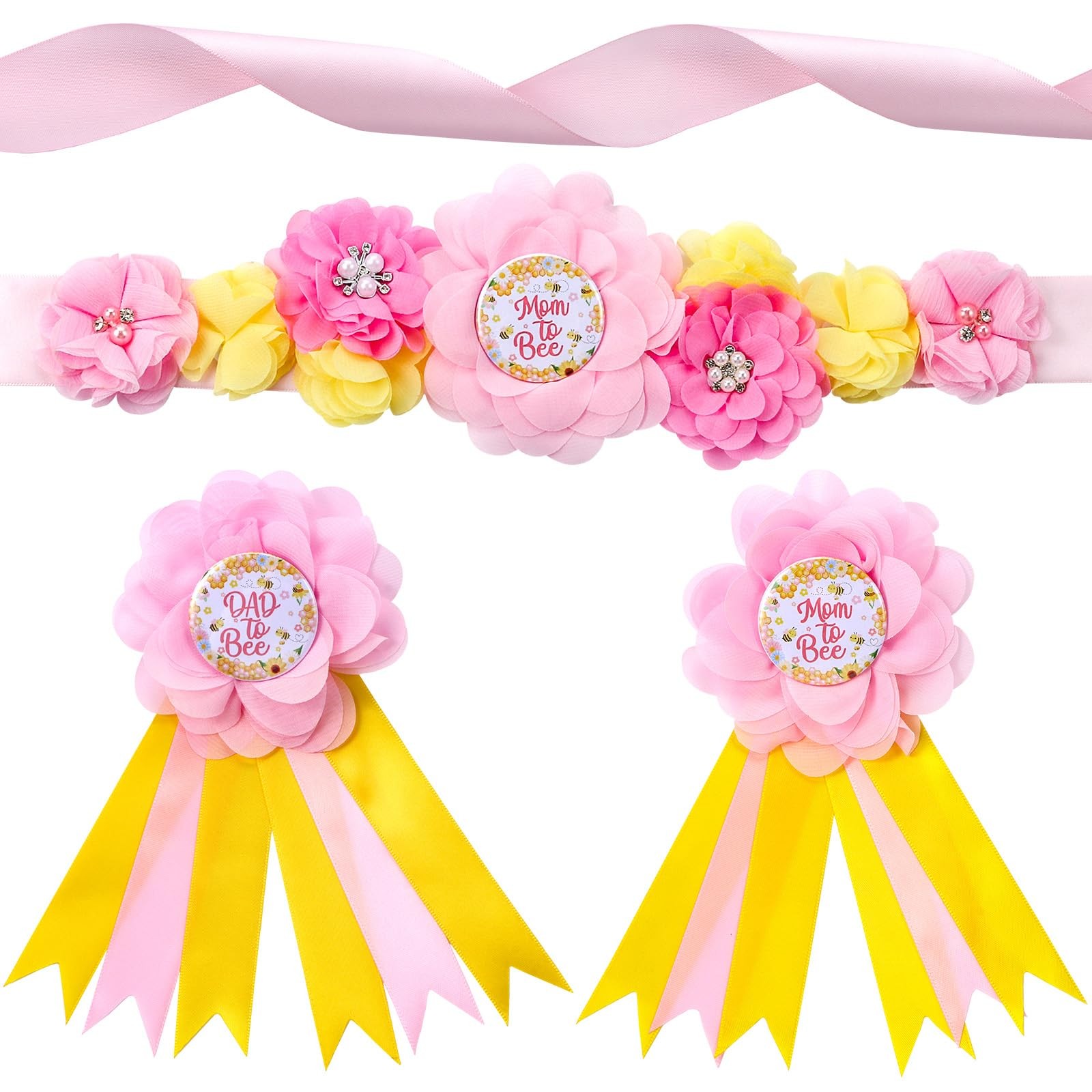 Maternity Sash Corsage Set Mom Daddy To Be Pins Fabric Flower Baby Shower Prop